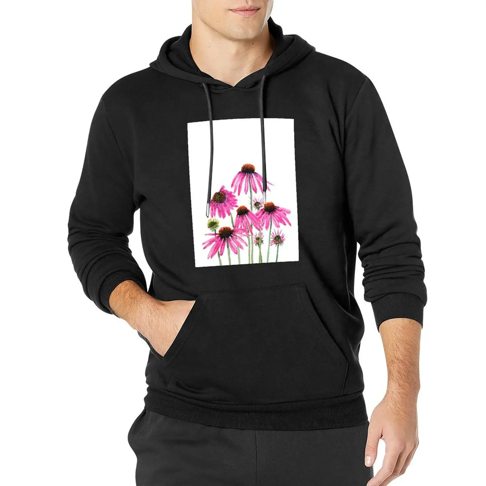 

hand painted pink purple coneflower watercolor Pullover Hoodie graphic t shirts men autumn pullover hoodies