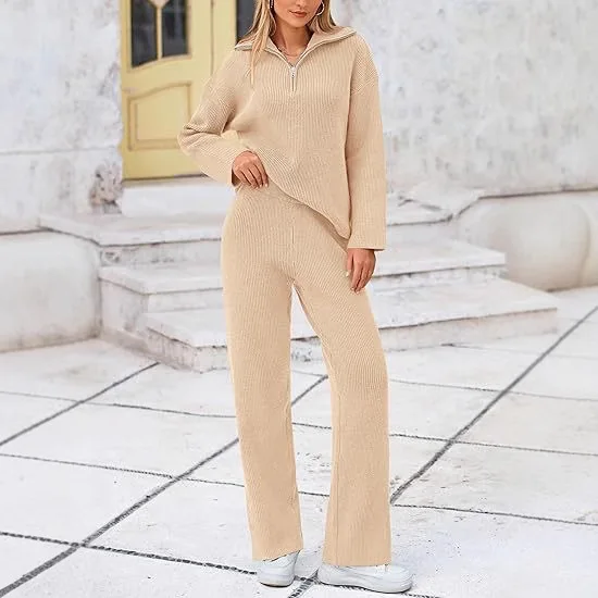 

2025 Autumn And Winter Knitted Two-piece Casual And Comfortable Half-open Zipper Lapel Long-sleeved Sweater Set