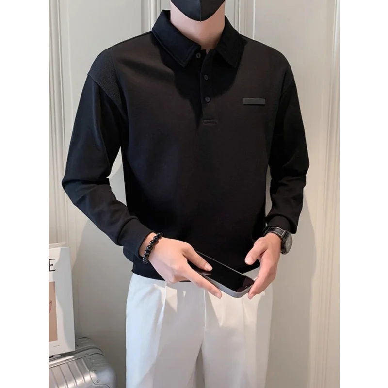 

Light Mature Style Men's White Lapel Sweatshirt Trendy Brand Splicing POLO Shirt T-shirt Long-sleeved New Top