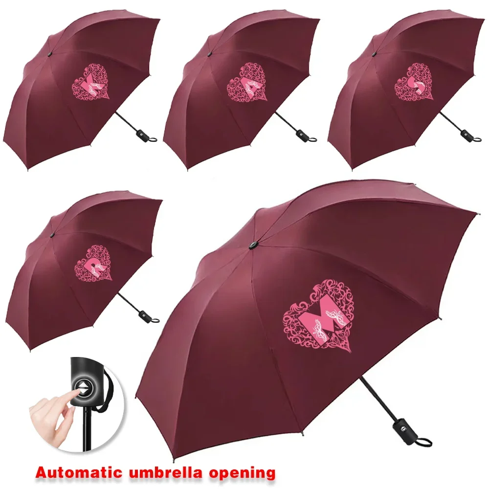 Automatic Umbrellas for Sunshine Rainy Windproof Strong Umbrella Folding Large Buckle Handle Double Bone Resistant Love letter