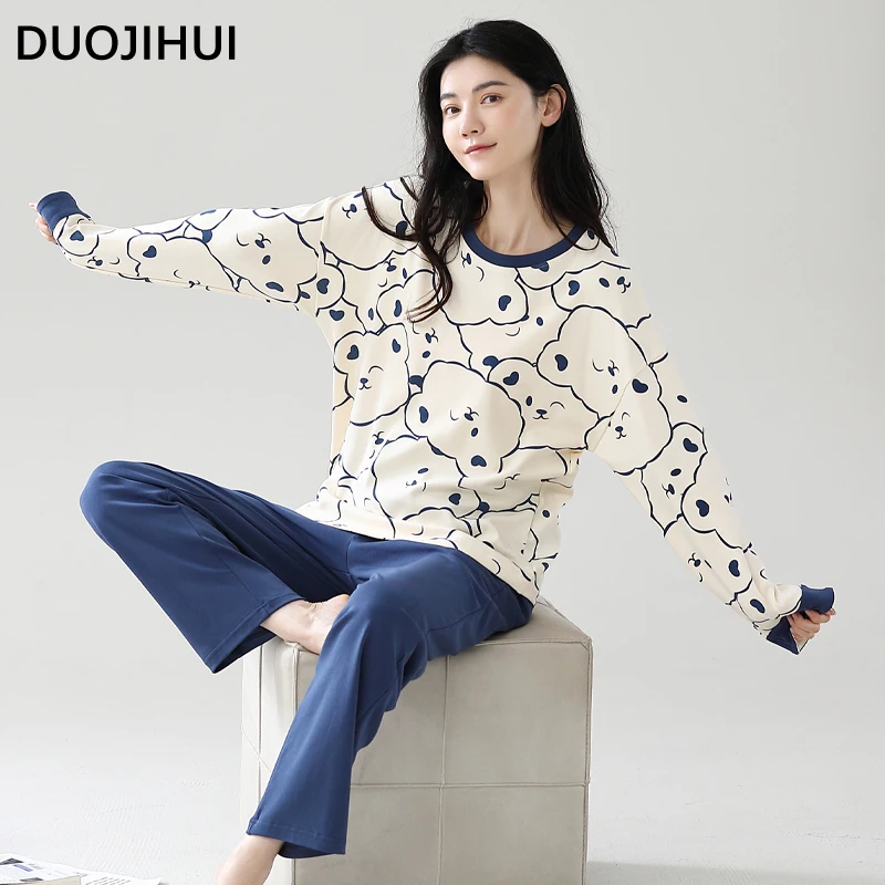 DUOJIHUI Loose Simple Soft Casual Female Pajamas Set Autumn Chic Print Pullover Basic Pant Fashion Spell Color Pajamas for Women