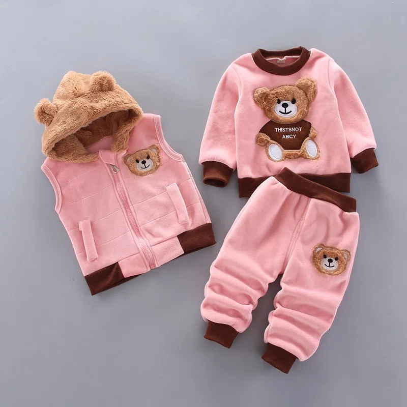 Winter Warm Velvet Plush Hooded Vest+Sweater+Pants 3Pcs Suit Cartoon Bear Kids Toddler Set Boys Girls Autumn Casual Clothes New