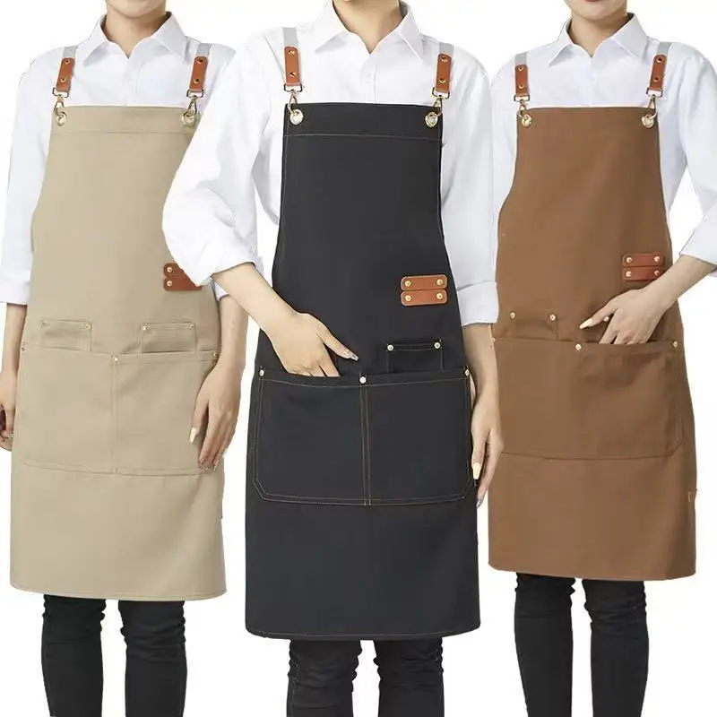 Waterproof Oil Resistant Canvas Work Apron with Multi Pockets Adjustable Chef Apron for Cafe Restaurant Baking Barber Shop