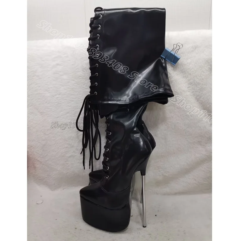 

Black Matte Leather Lace up Boots Metal Heels Round Toe British Style Dress Design Women Summer Boots 2025 Zapatos Para Mujere