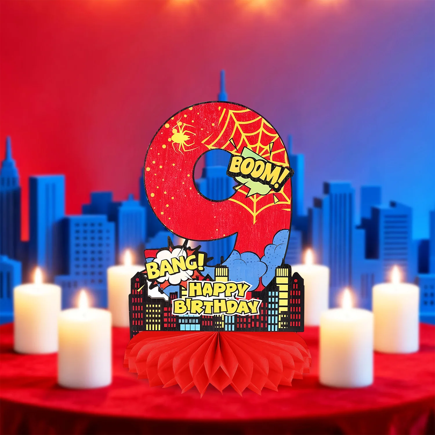 Hero City Cartoon-Thema Rotes Spinnennetz Boom Honeycomb Center Geburtstagsparty-Dekorationen Digitale Zelluläre Babyparty-Ornamente – Detail 3