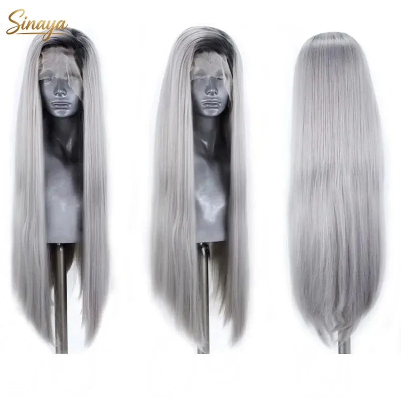 13x4 HD Bone Straight Lace Front Wig Ombre Silver Grey Wig Dark Roots Glueless Synthetic And Blend Pre Plucked for Women Cosplay