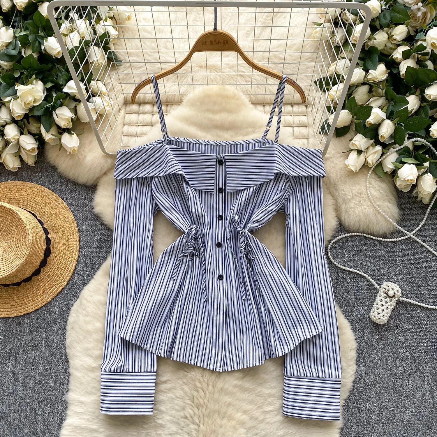 

Basics Chic Vintage Long Sleeve striped button Loose Top French Office Lady High Street Autumn Shirts
