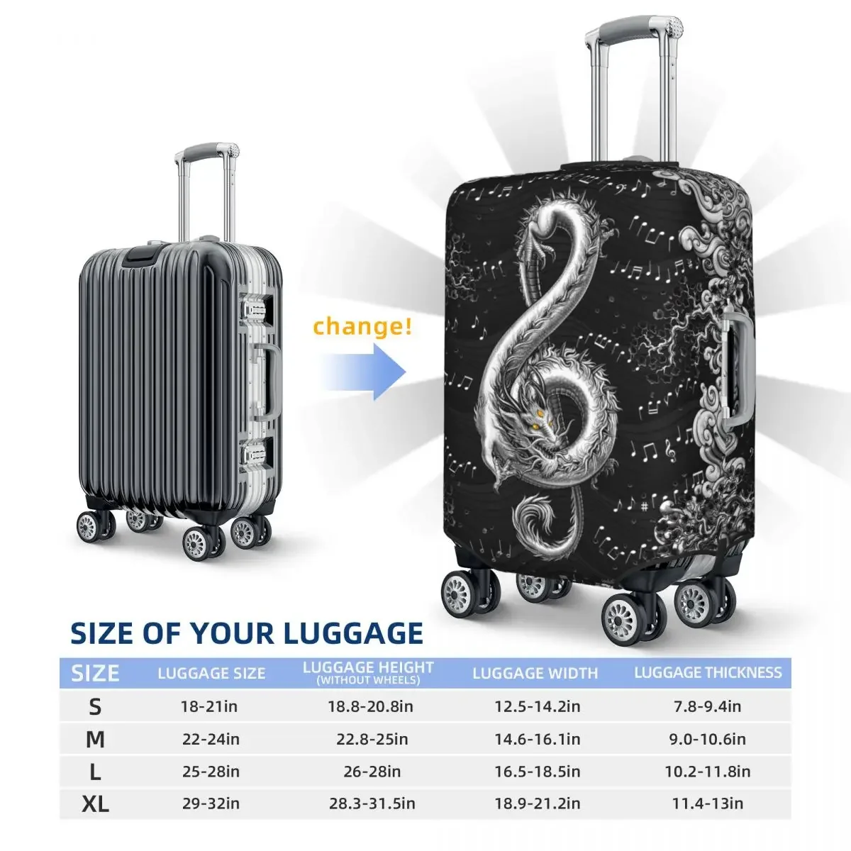 Custom Funny Treble Clef Music Dragon Luggage Cover Protector Elastic Travel Suitcase Covers