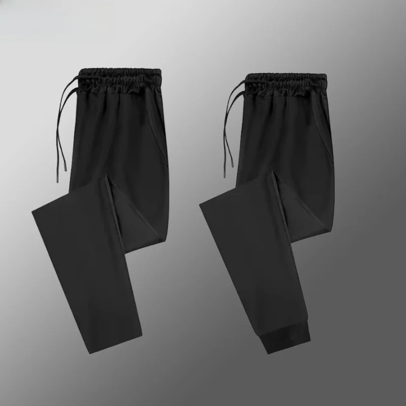 

Свободные мужские летние спортивные брюки из ледяного шелка Qui Dry, повседневные прямые брюки с девятью очками, заниженной талией, на молнии, среднего размера