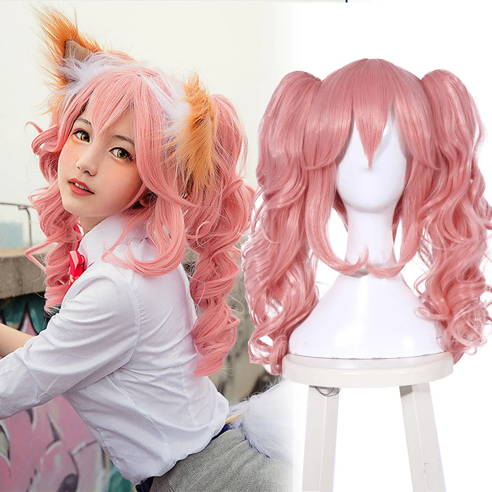 FGO Fate Extella Tamamo no Mae Длинные вьющиеся волнистые челки с хвостиками Розовый парик для косплея