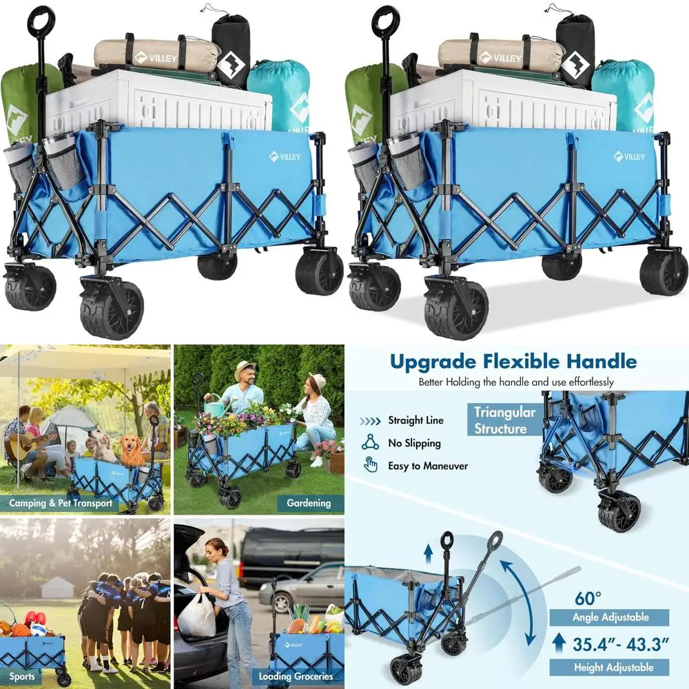 Robuster, zusammenklappbarer 220-Liter-Utility-Wagen mit All-Terrain-Rädern, 330 Pfund Tragkraft, Blau, für den Strand- und Gartengebrauch