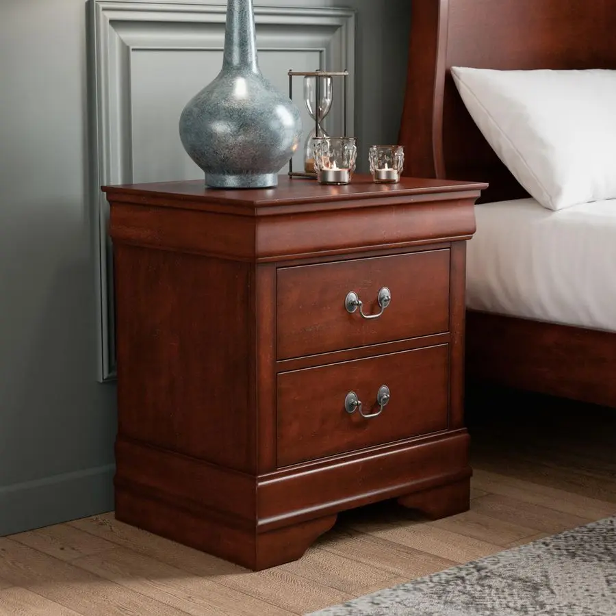 Arabella Traditional Solid Wood Nightstand with Drawers and Antique Nickle Handles, Small Bedside Table, No Assembly Wooden Nigh