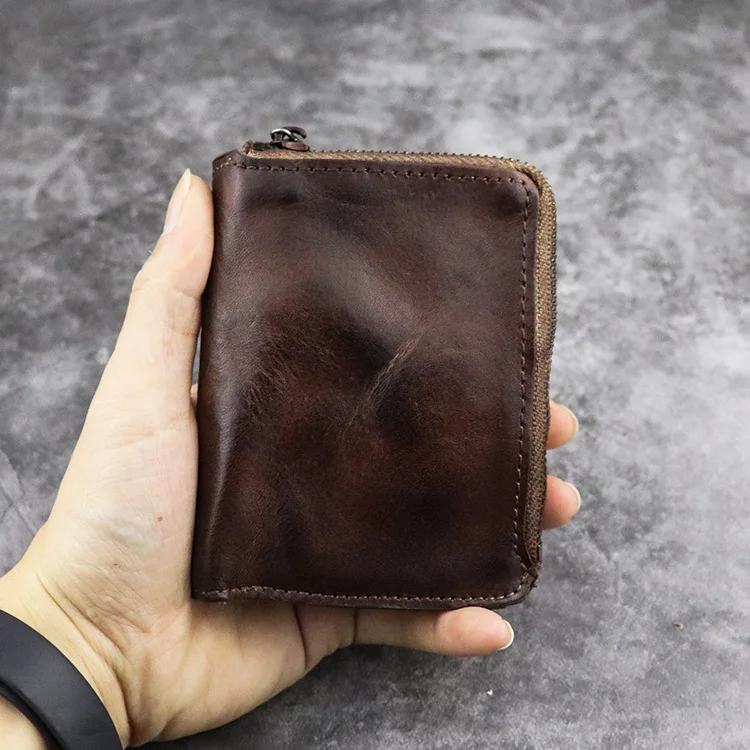 Handmade Men's Leather Wallet Top Layer Cowhide Vintage Women's Personality Coin Purse Zipper Short Style Tannery Leather