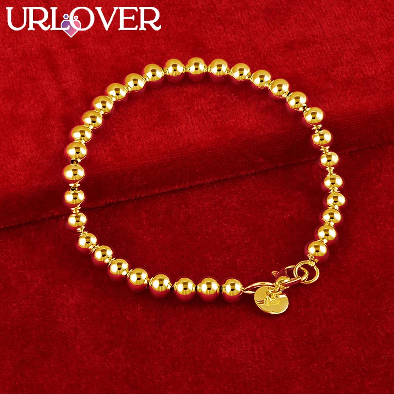 URLOVER 24K Gold Bracelet For Woman 6mm Smooth Beads Chain Bracelets Fashion Party Wedding Engagement Jewelry Lady Birthday Gift