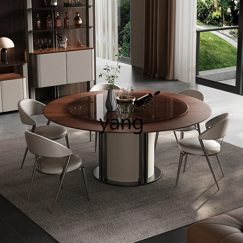 LH minimalist light luxury walnut solid wood round dining table leather veneer high-end dining table and chairs