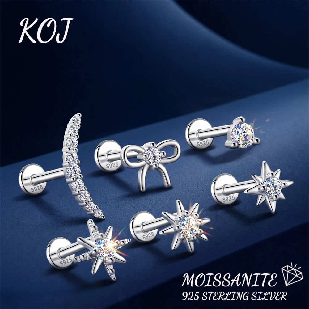 KOJ 1PC S925 Sterling Silver Moissanite Moon Comet Paw Snowflake Flat Back Cartilage Stud Helix Tragus Fine Jewelry Gift