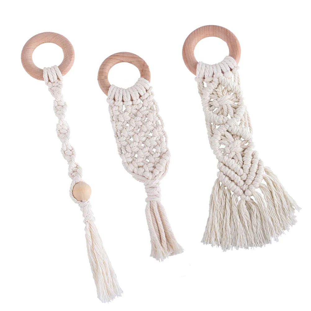 3 pçs haste molar de madeira corda de algodão mordedor do bebê seguro durável fácil limpo transportar dentes moagem vara molar haste mão tecido mordedor