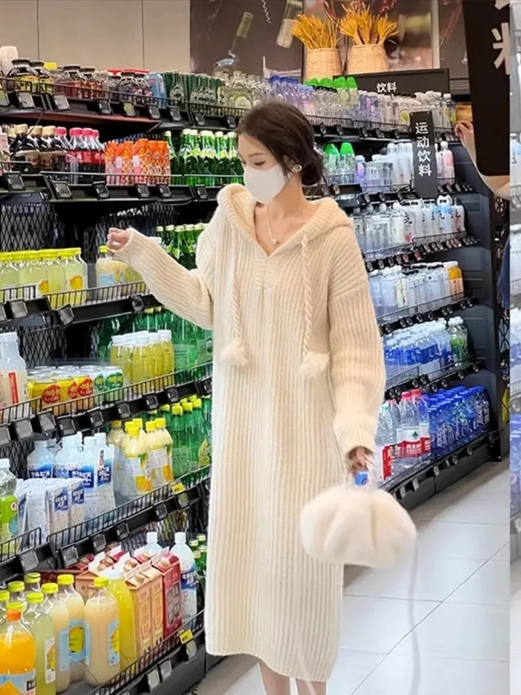 

Womens Dresses 2023 Autumn Winter New in Korean Hooded Dress Knee-knit Long Skirt Mid-length Casual Sweater Bottom Skirt