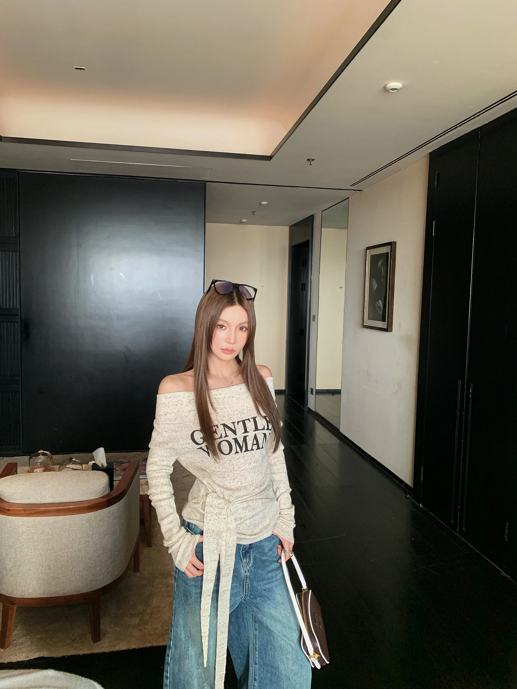 

Женский трикотажный топ Tee-Way Wear с асимметричным узлом и буквенным принтом, приталенный, тонкий, для весны и осени, с длинными рукавами, в стиле Lazy Sle