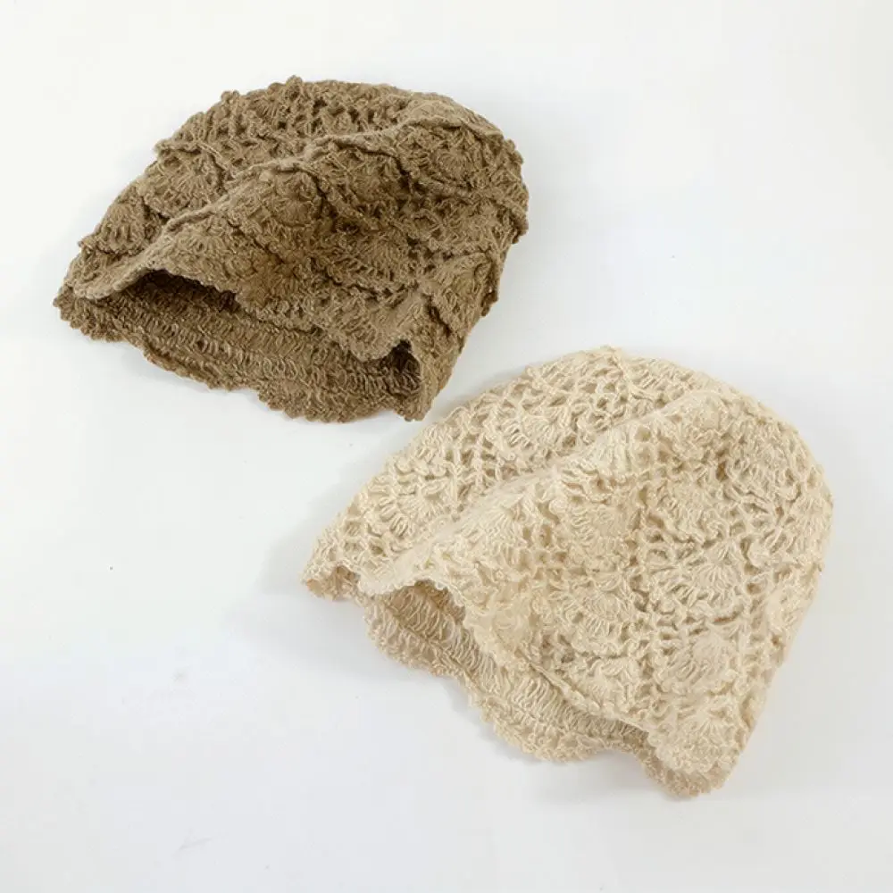 Knitted Beret Hat For Women Winter Warm Crochet Beanie Handmade Flower Vintage Soft Elastic Casual Elegant Bonnet Cap