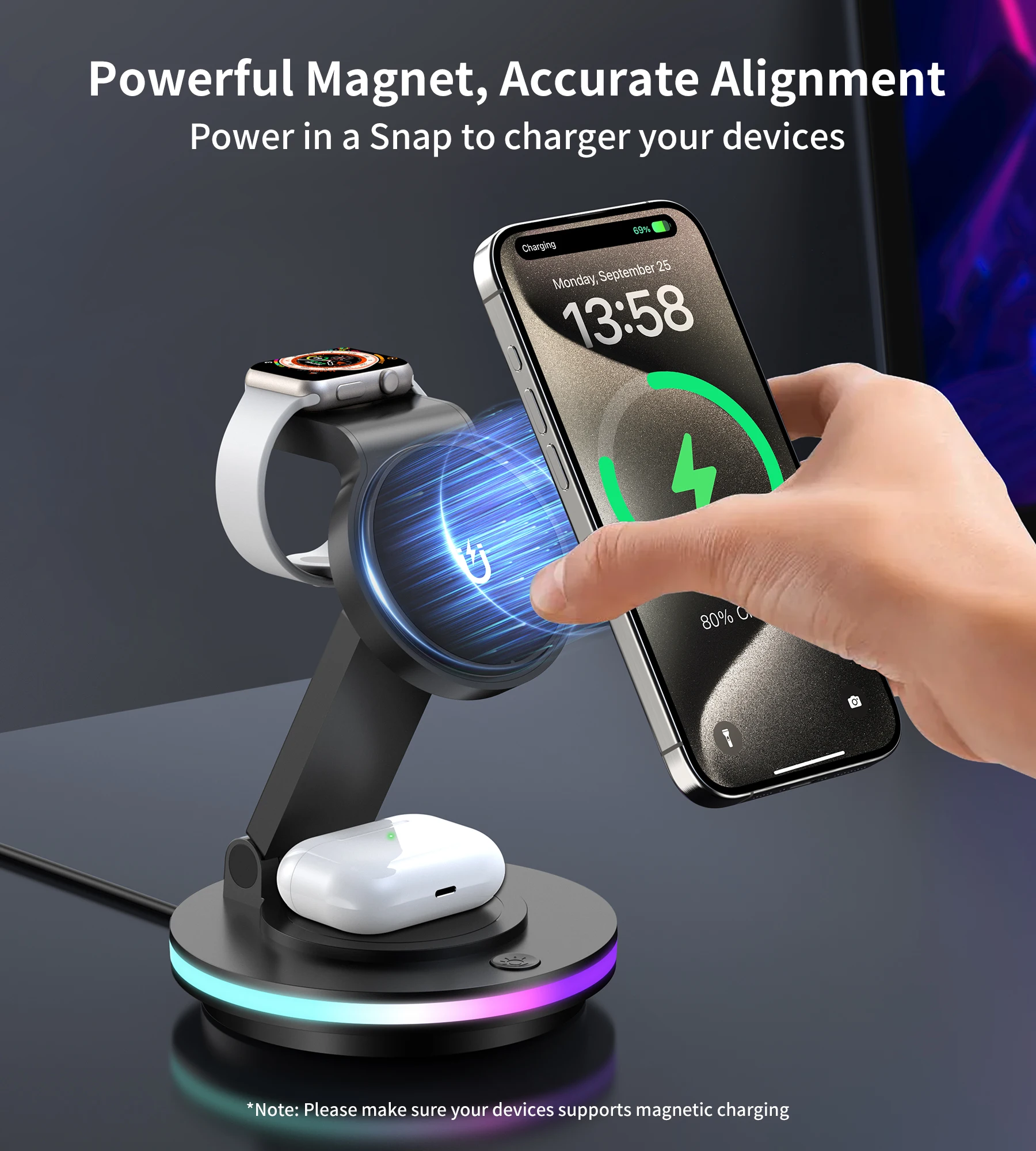3 in 1 Mag-Safe Charger Stand, Magnetic Foldable Wireless Charging Station for Apple, Rotating & Light Adjust, Mag Charger Compa