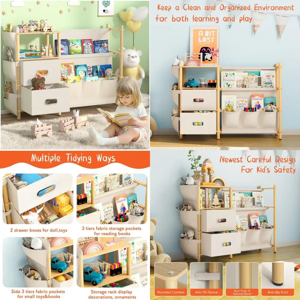 منظم كتب وألعاب من 3 طبقات للأطفال مع صناديق تخزين وخزانة كتب جانبية، مستوحى من مونتيسوري