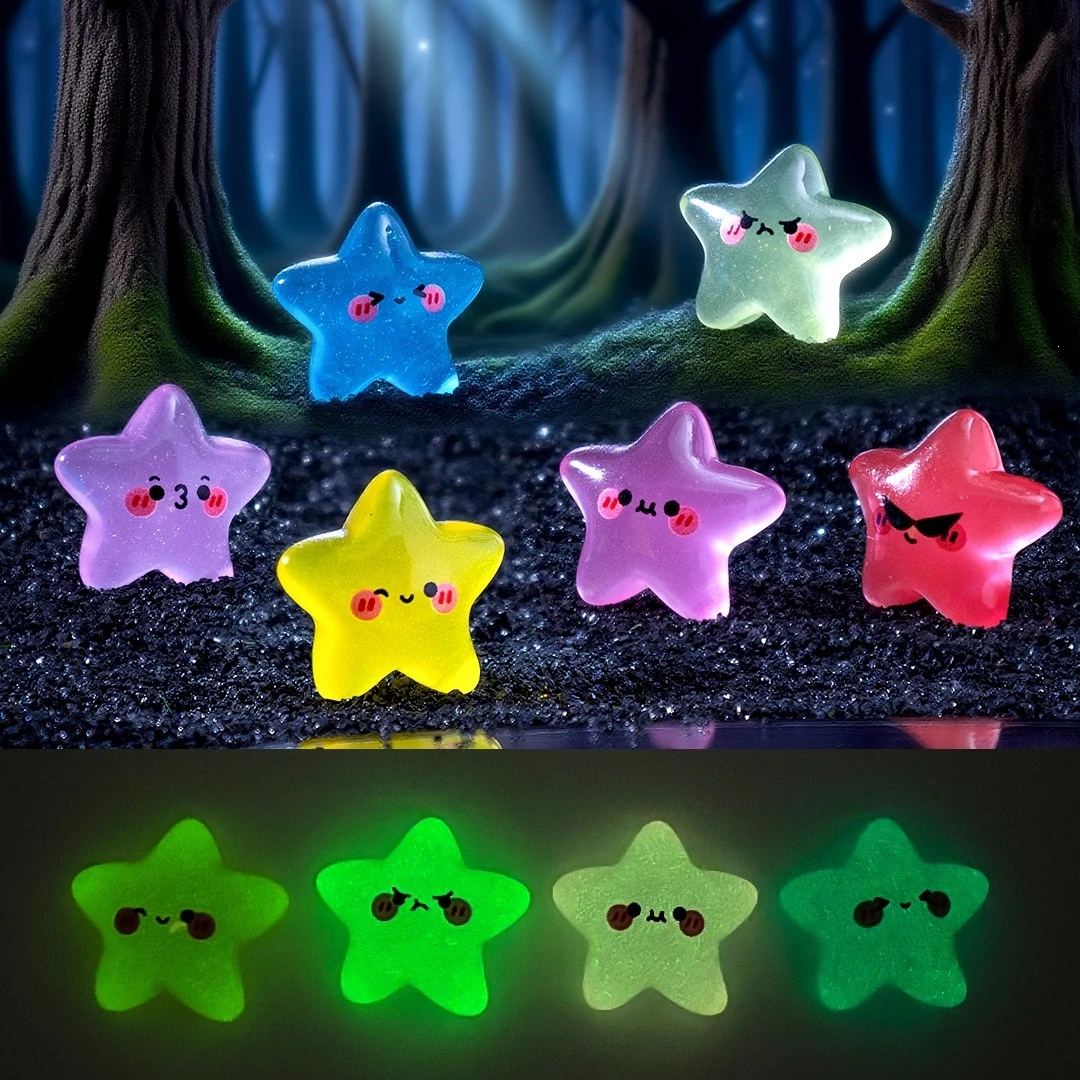 20-Pack Assorted Glow-in-the-Dark Emoji Star Miniatures - Cute Resin Ornaments for DIY Crafts & Micro Landscape Decor