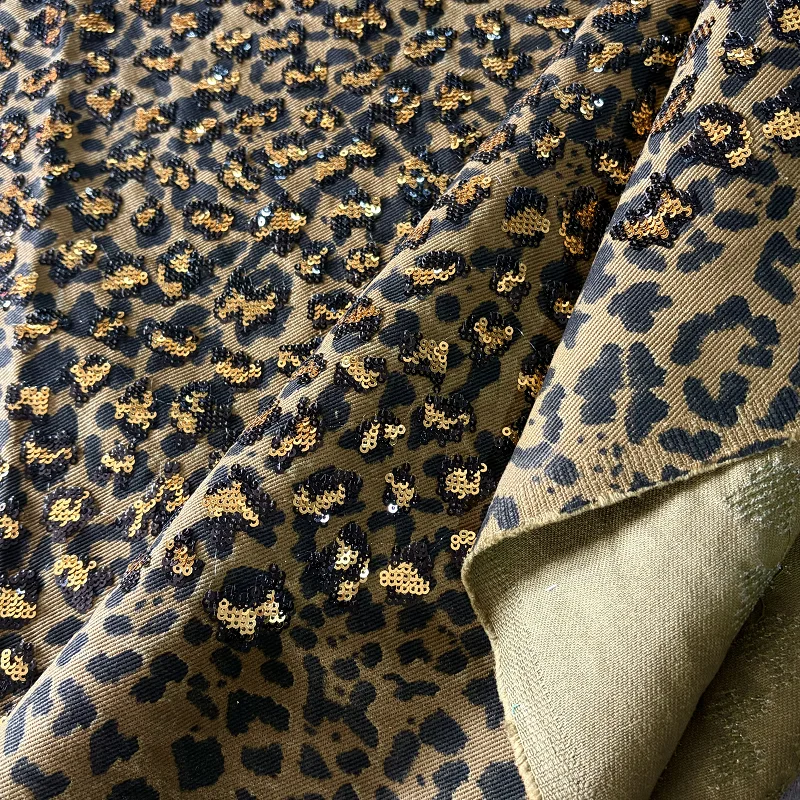 Leopard chip embroidered denim fabric, dress wrap skirt bag sequin fabric,cotton denim handmade DIY fabric