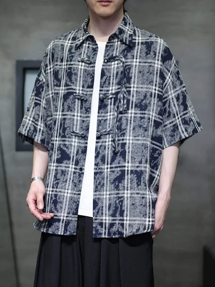 

Men's ort Sve irt Linen Tie Dye Plaid Summer New Chinese Sle Cotton Linen Top Button down Loose Fit Youth ular