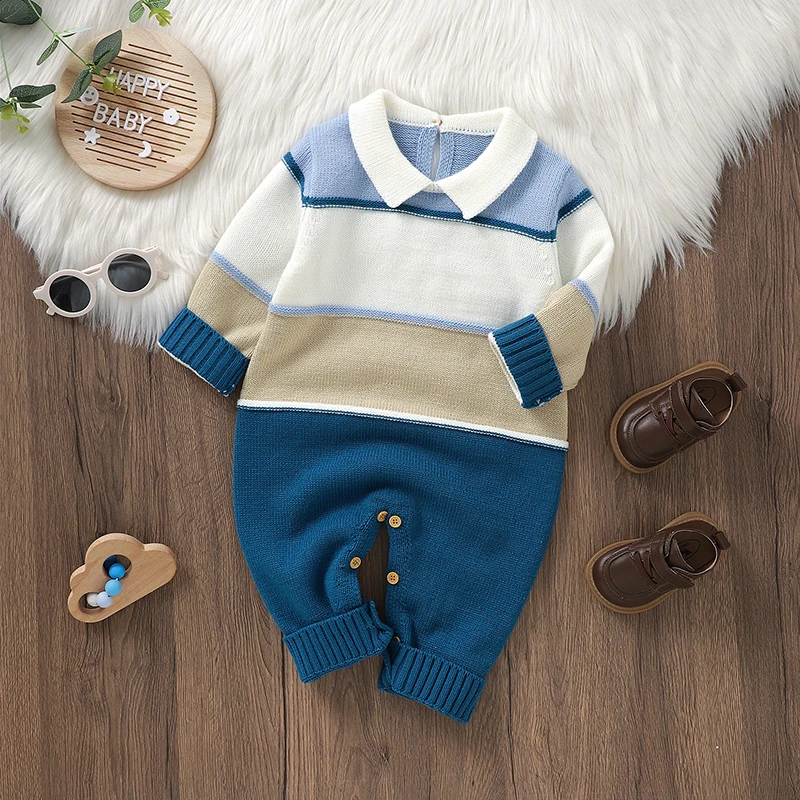 Baby Rompers Knit Fashion Striped Newborn Boys Jumpsuit Fashion Turn-down Collar Infant Clothing Long Sleeve Fall 0-18M Overalls