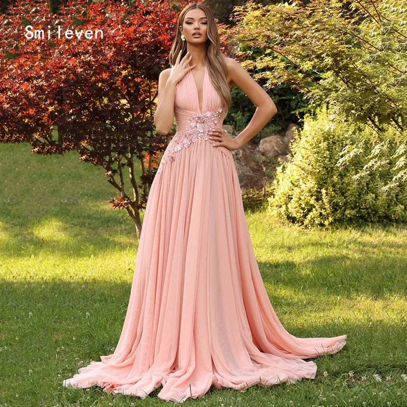 

Smileven 3D Pink A Line فساتين سهرة Платье для выпускного вечера Драпированные вечерние платья с V-образным вырезом и аппликациями Платье для особых случаев по индивидуальному заказу 2026