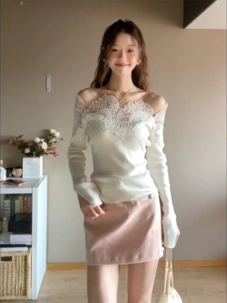 

Korean Sle Pure Desire Sexy One oulder Knitted Sweater Women's Autumn Winter New Design Lace Splicing Slimming Base Top