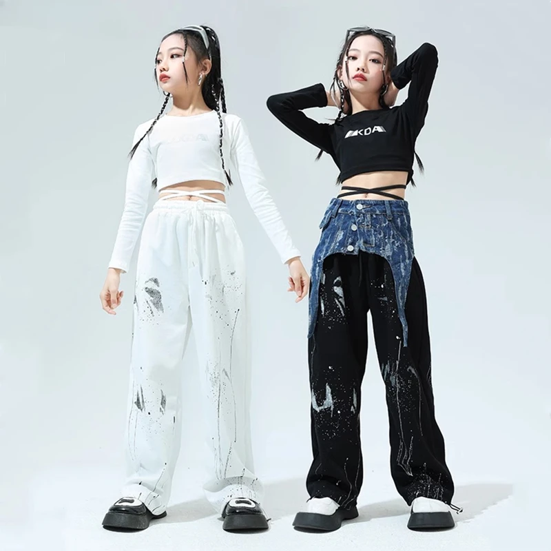 Girls Streetwear Crop Top Splash Ink Loose Pants Child Hip Hop Graffiti T-shirt Clothes Sets Kids Cool Street Dance Jazz Costume