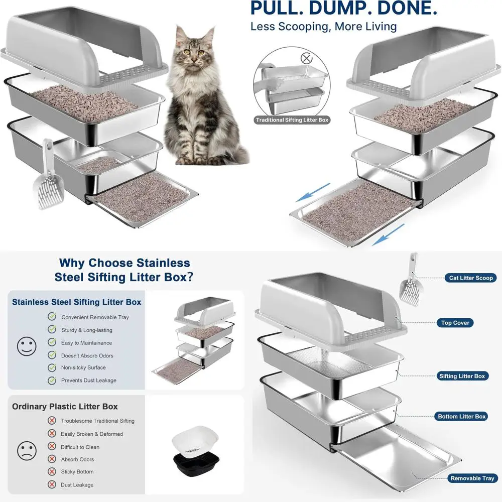 

Большой металлический лоток для кошек XL с крышкой и съемным ящиком для легкой очистки, подходит для крупных кошек и сосновых гранул.