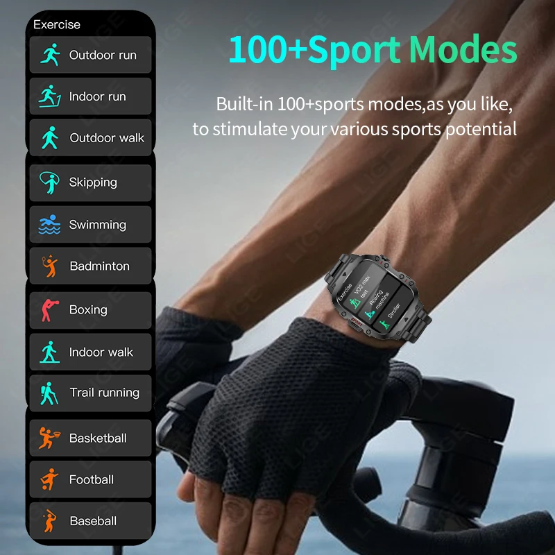 LIGE 2024 Outdoor Men Smartwatch Bluetooth Call SOS Sport Watch Voice Assistant 3ATM Waterproof Smart Watches For Android IOS