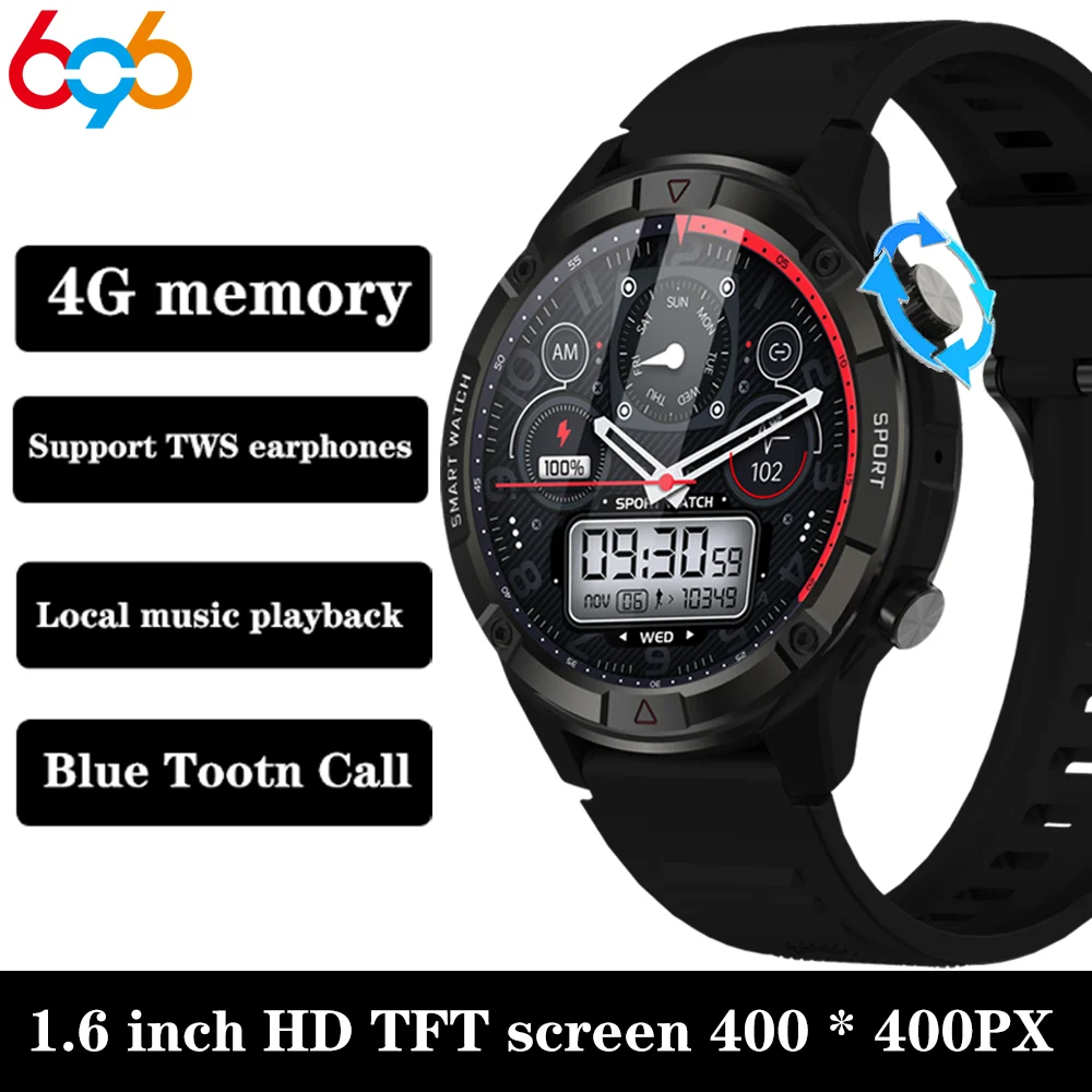 696 New Music Smart Watch 4G Memory Men Blue Tooth Call Full Touch Screen Waterproof Sport Fitness Heartrate Fashion Smartwatch