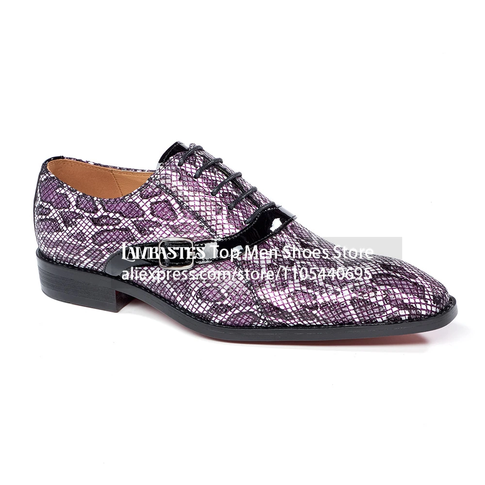 Purple Snake Print Lace Up Monk Strap Oxford Shoes Python Pattern Patent Trim Buckle Formal Dress Shoes Side Monk Strap Footwear