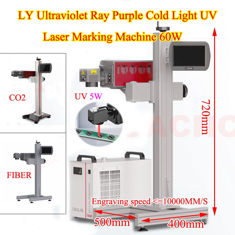 Mesin Penanda Laser Terbang 60W 40W Sinar Ultraviolet Ungu Cahaya Dingin UV 3W 5W & Pipa Logam CO2 Sumbu Putar Opsional 220V 110V