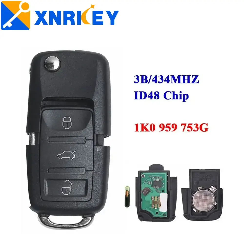 XNRKEY Remote Car Key 3 Button 434MHz ID48 Chip for VW Volkswagen Golf Passat Polo Jetta Touran Bora Sharan FCC:1K0959753G