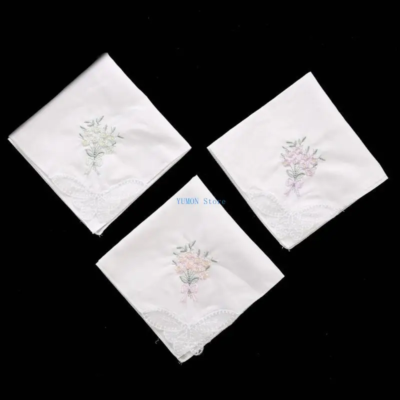 D0UD – mouchoirs en coton brodé pour femmes, doux, couleur bonbon, fleurs, bordure en dentelle, Hankies pour fête mariage