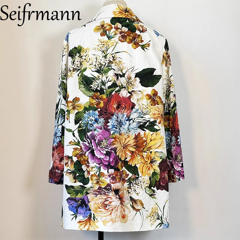 Seifrmann 2025 Autumn New Arrivals Retro floral cotton long sleeved jacquard jacket with a single breasted A-line loose windbrea