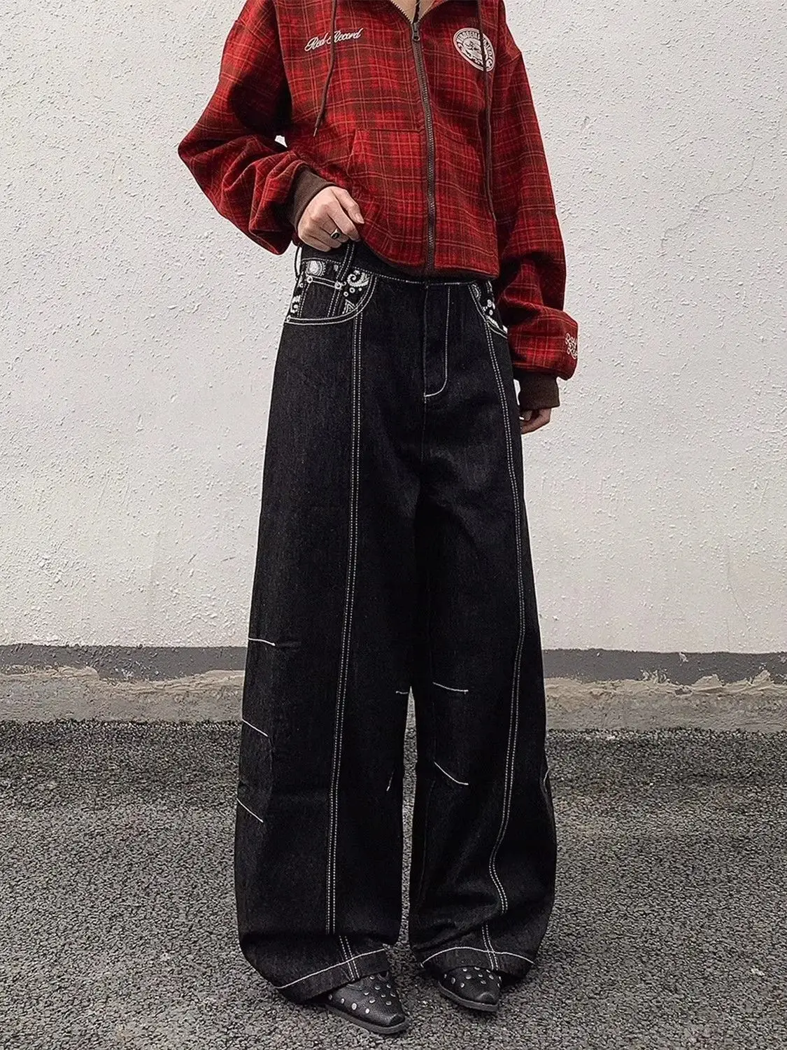 Men's Bright Line Decoration Vintage Jeans Hip-hop Casual Pants Male Bottom Cool Boy High Waist Y2k Black Denim Trousers
