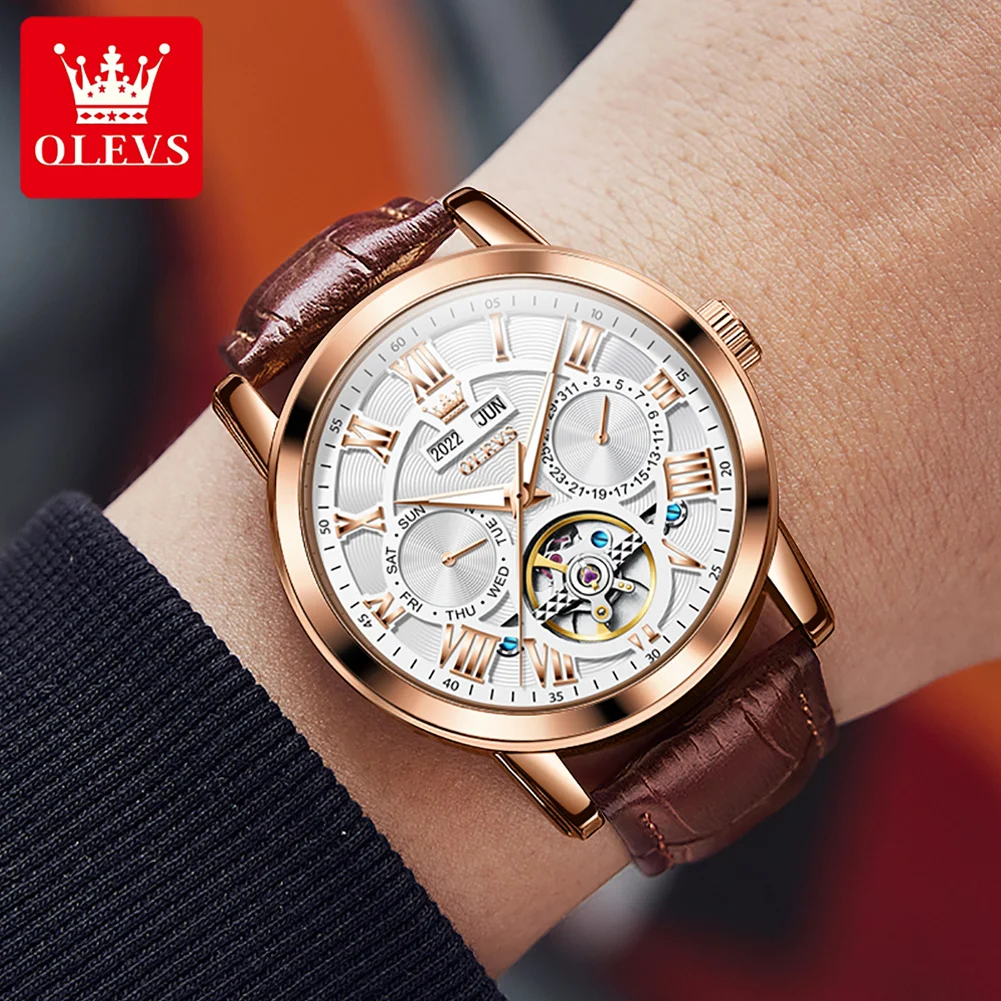 Olevs Luxe Originele Horloge Voor Mannen Automatische Mechancial Polshorloge Lederen Band Skeleton Waterdichte Multifuncation Man Horloge