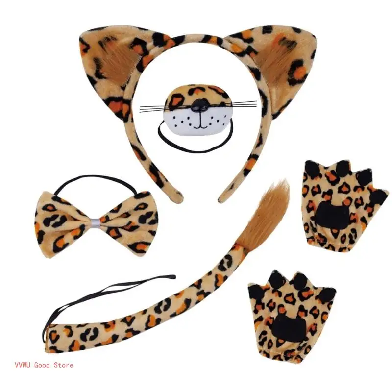 เครื่องแต่งกายสัตว์เสือดาวหูHeadbandsหางBowsจมูกฮาโลวีนCosplays Props