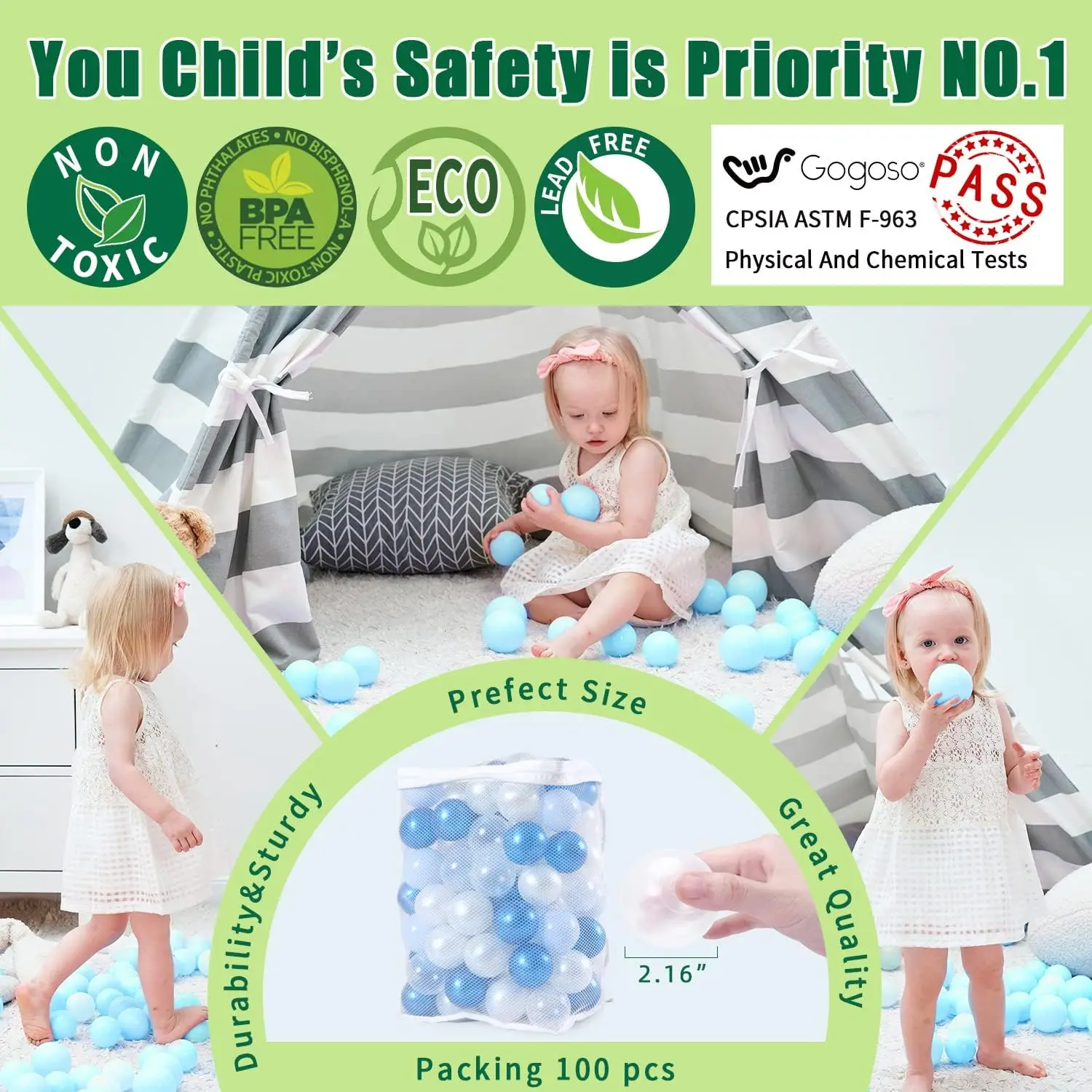 Bolas de bolas para niños pequeños, accesorios de bolas de plástico a prueba de aplastar, azul + azul profundo + blanco pera + 100 bolas transparentes