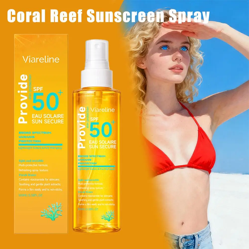 100ml SPF50+ Sunscreen Spray, Coral Reef Safe, Lightweight Invisible Mist, Water-Resistant UVA/UVB Protection for Face & Body