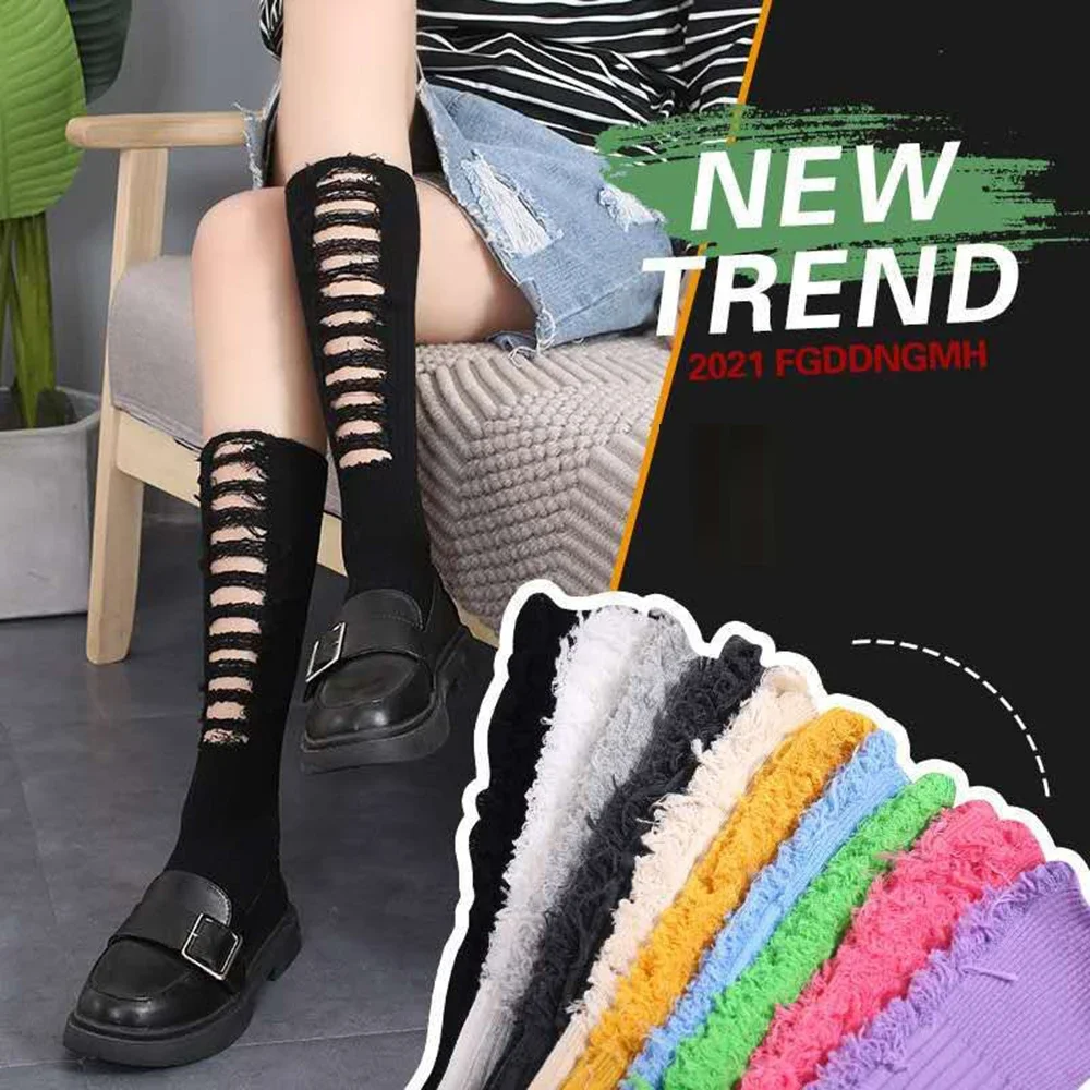 

Street Style Destroyed Cotton Knit Hip Hop Punk Solid color Ripped Socks Beggar Socks Summer Stockings Hem Ribbed