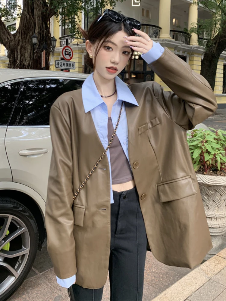 Korean Button Fake Two Leather Jacket Women 2023 Winter Loose Thin Leather Suit Blazers Female Casual Streetwear PU Chic Coats