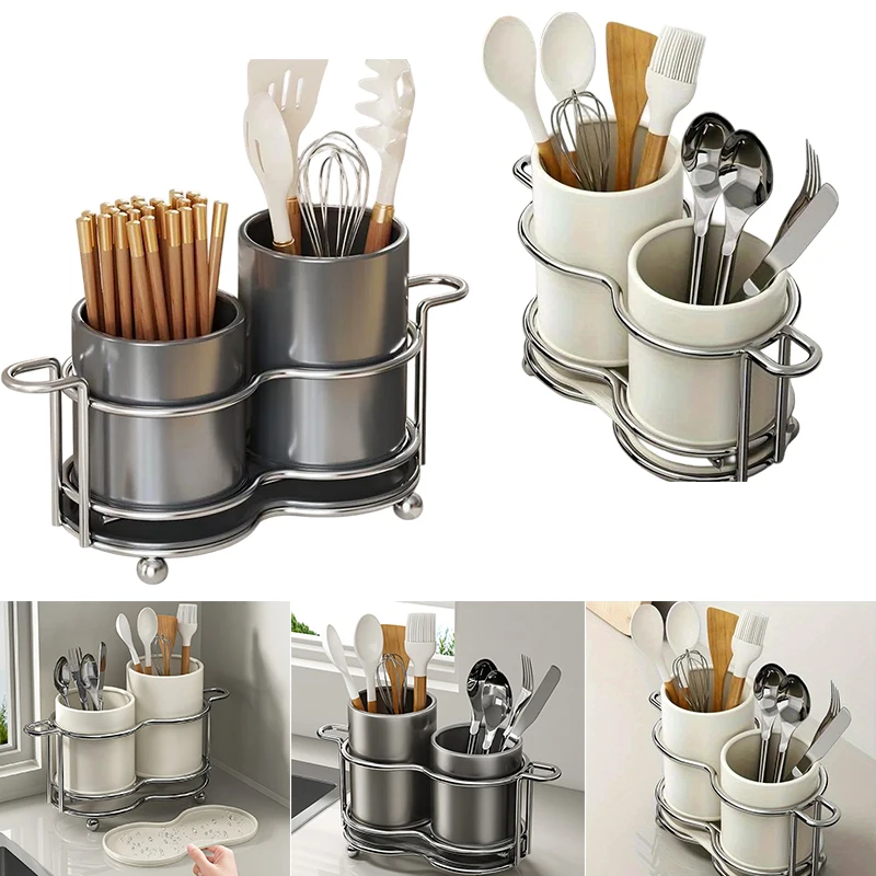 

Double Hole Chopstick Holder Metal Frame 1 High 1 Low Chopstick Holder with Drainage Hole at the Bottom with Pull-off Drain Tray