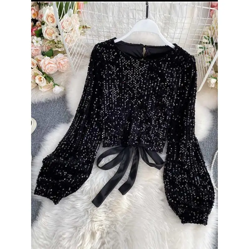 

Women's Faion Sequin Bow ort Blouse Casual Sle Rigid Fit Knot Svel Cotton Top Warm Six Sve Length